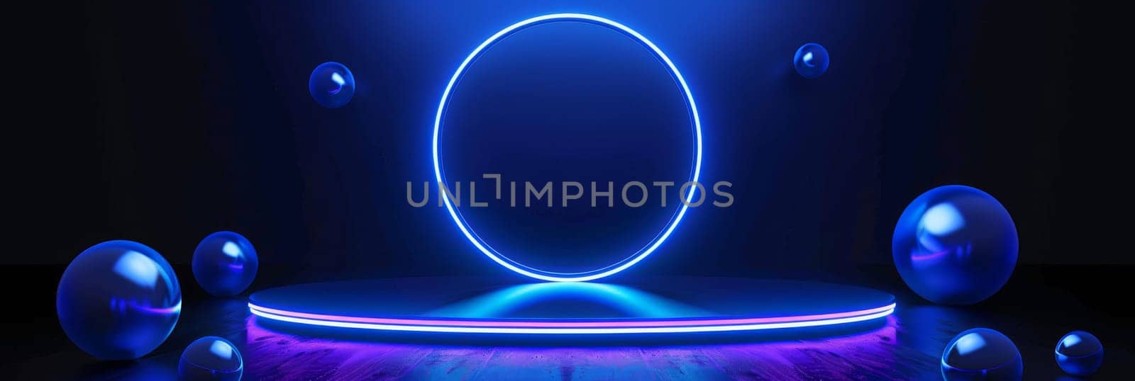 A blue and purple lighted stage with a large circle in the center by AI generated image.