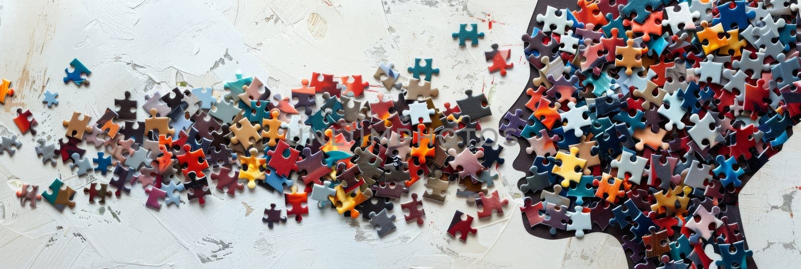 A puzzle of a head with pieces scattered around it by AI generated image.