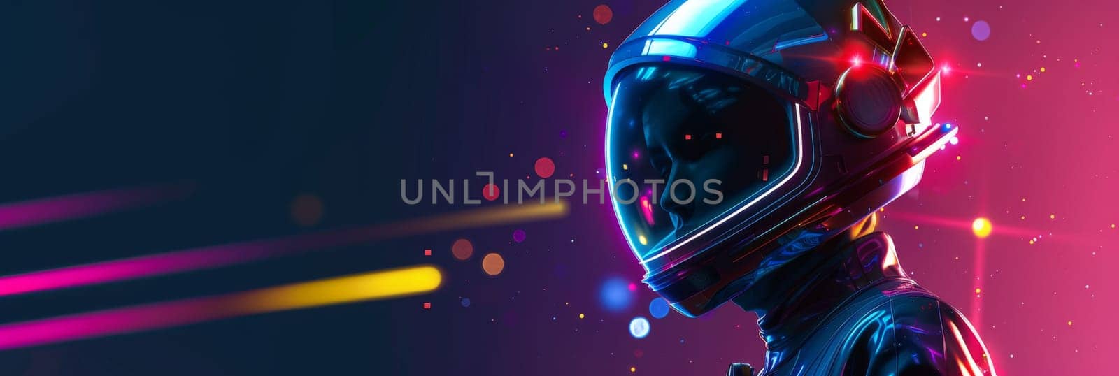 A man in a space suit is standing in front of a colorful background by AI generated image.