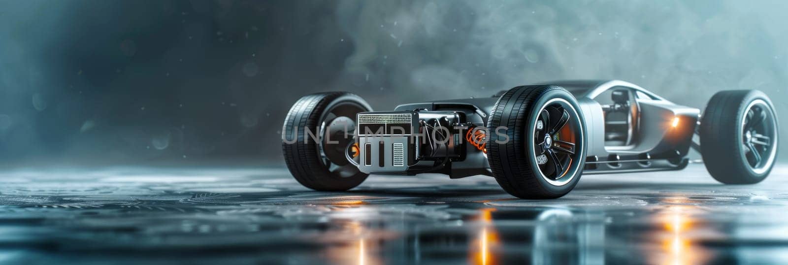 A futuristic car with a large wheel on the front by AI generated image.