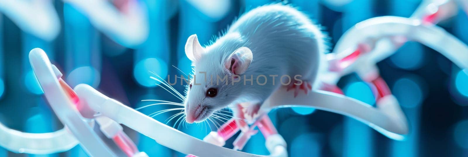 A small white mouse is on a strand of DNA by AI generated image by wichayada