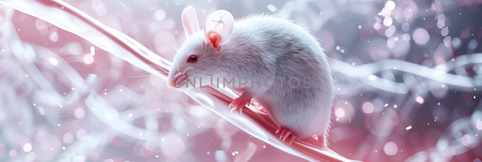 A small white mouse is on a strand of DNA by AI generated image by wichayada