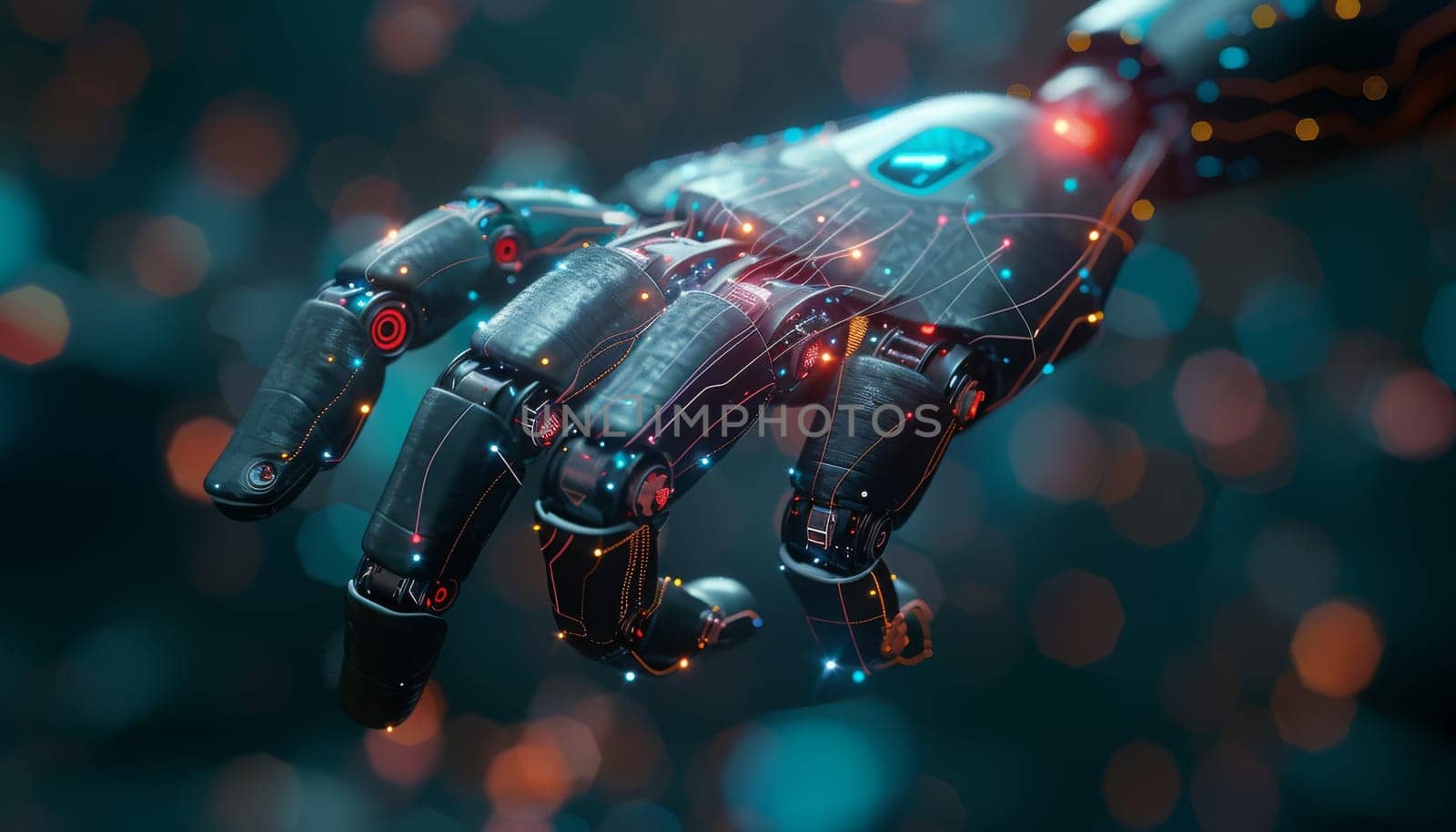 A robotic hand is shown in a black and blue background with a lot of sparks by AI generated image.