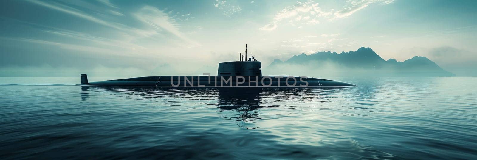 A submarine is in the ocean with the sun shining on it by AI generated image.