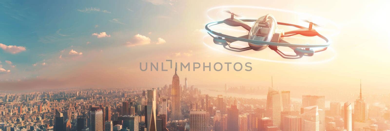 A drone is flying over a city with a sunset in the background by AI generated image.