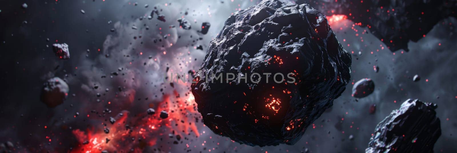 A space scene with a large rock in the middle and smaller rocks surrounding it by AI generated image by wichayada