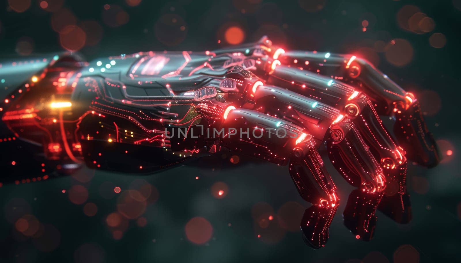 A robotic hand with red glowing fingers by AI generated image by wichayada