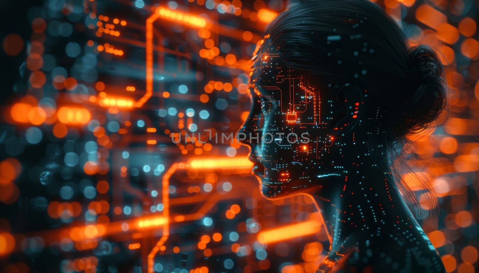 A woman's face is shown in a computer screen with a lot of orange by AI generated image by wichayada