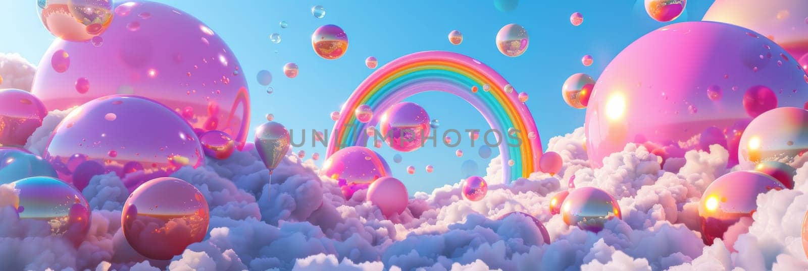A colorful rainbow archway with balloons and a blue sky background by AI generated image.
