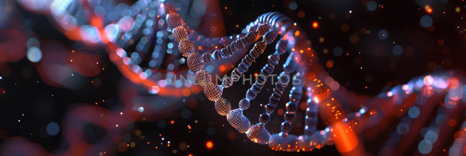 A DNA strand is shown in a black and red color scheme by AI generated image.