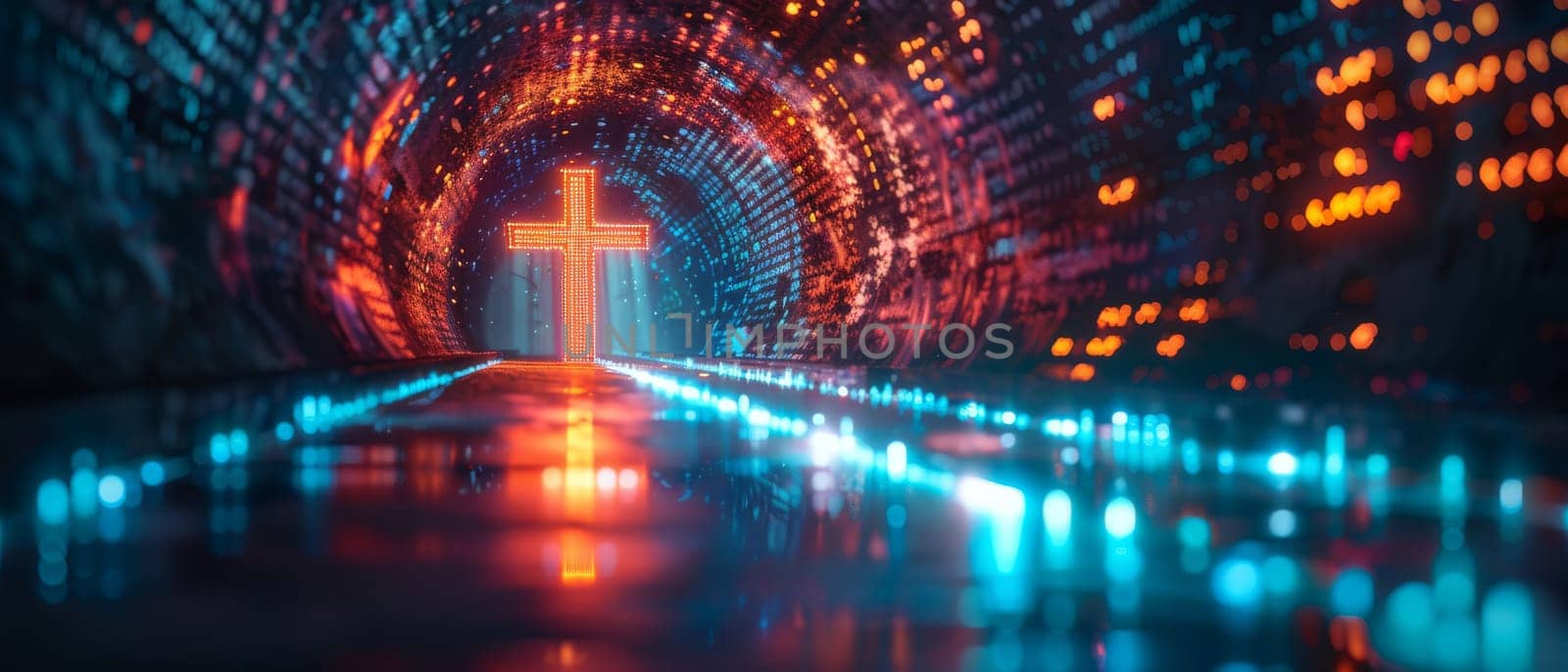 A cross is lit up in a dark room with a blue background by AI generated image by wichayada