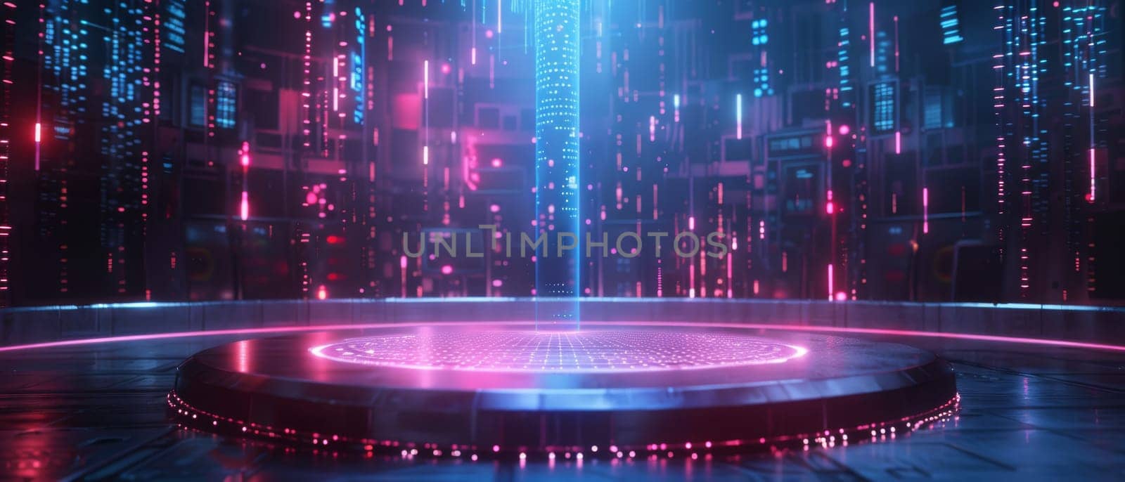 A futuristic cityscape with a glowing blue and red center by AI generated image.