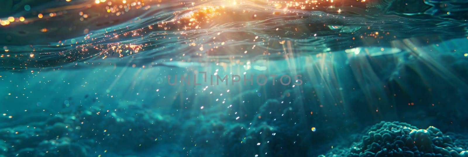 A beautiful underwater scene with sunlight shining on the rocks by AI generated image.