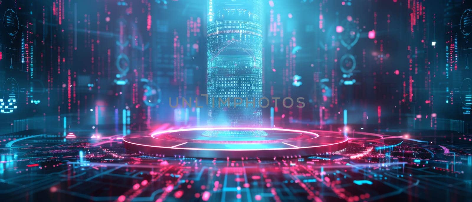 A futuristic cityscape with a glowing blue and red center by AI generated image.