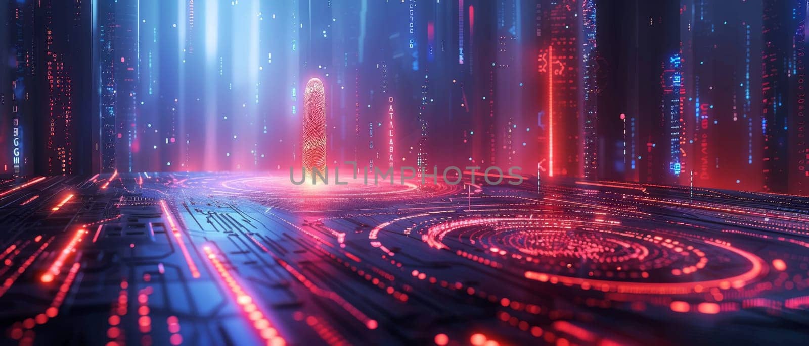 A futuristic cityscape with a glowing red and blue background by AI generated image by wichayada