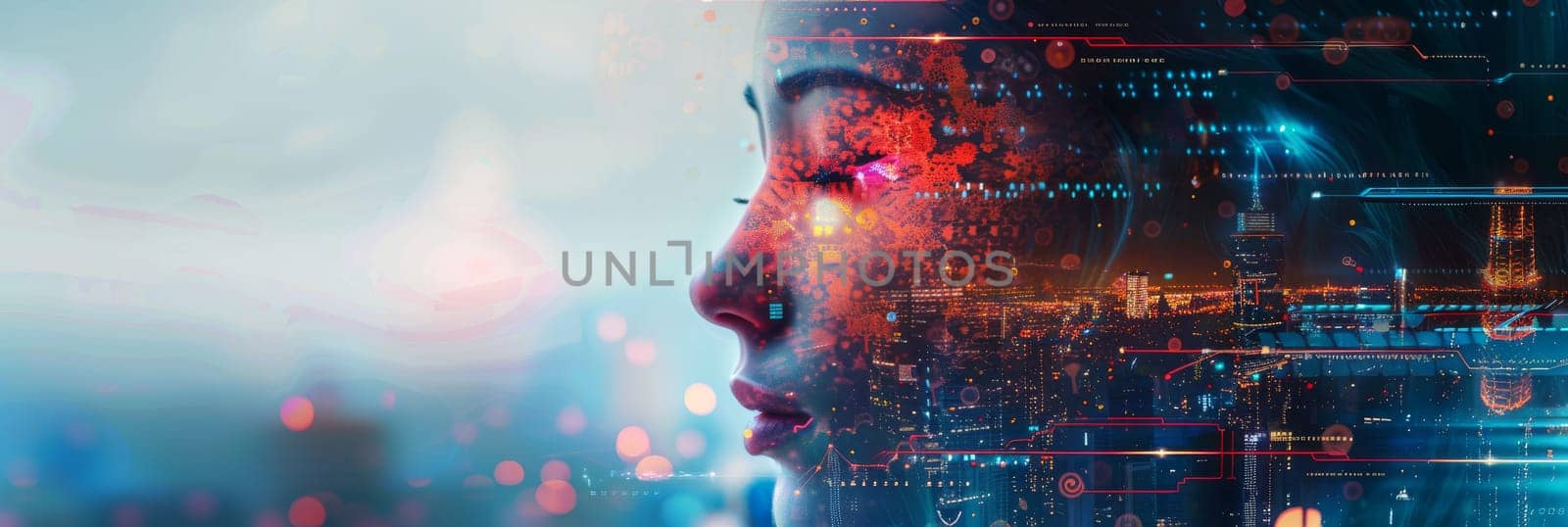 A woman's face is shown in a cityscape with a futuristic look by AI generated image.