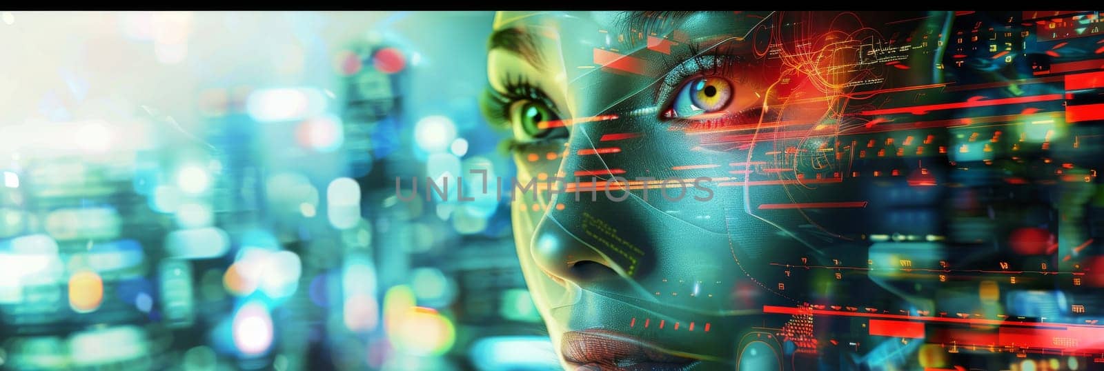 A woman's face is shown in a cityscape with a futuristic look by AI generated image by wichayada