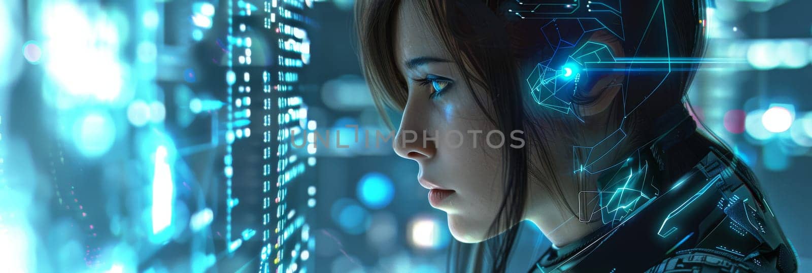 A woman with blue eyes and a blue outfit is looking at a computer screen by AI generated image by wichayada