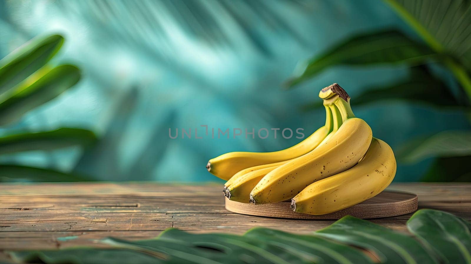 Ripe fresh bananas on a wooden surface, tropical background.
