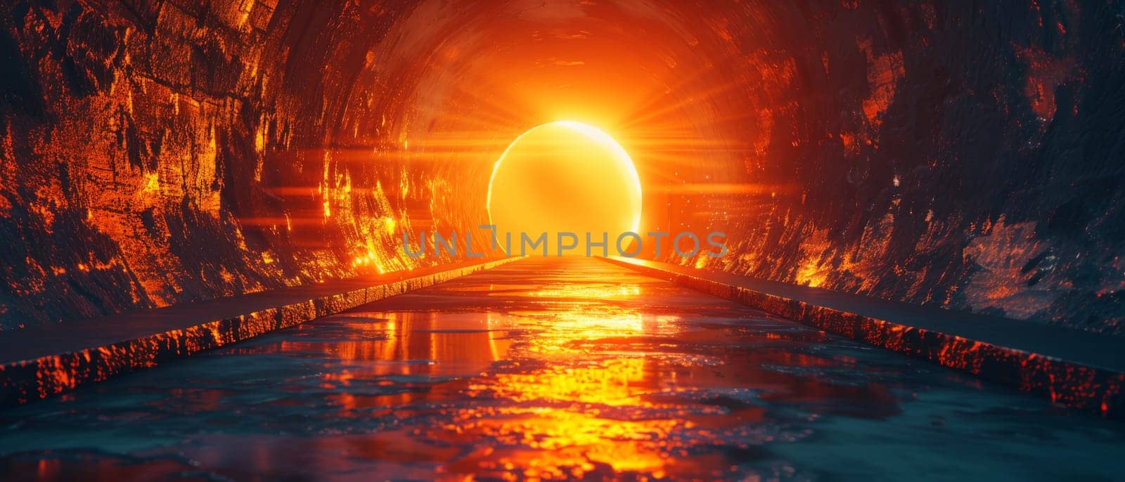 A tunnel with a bright orange light shining through it by AI generated image.