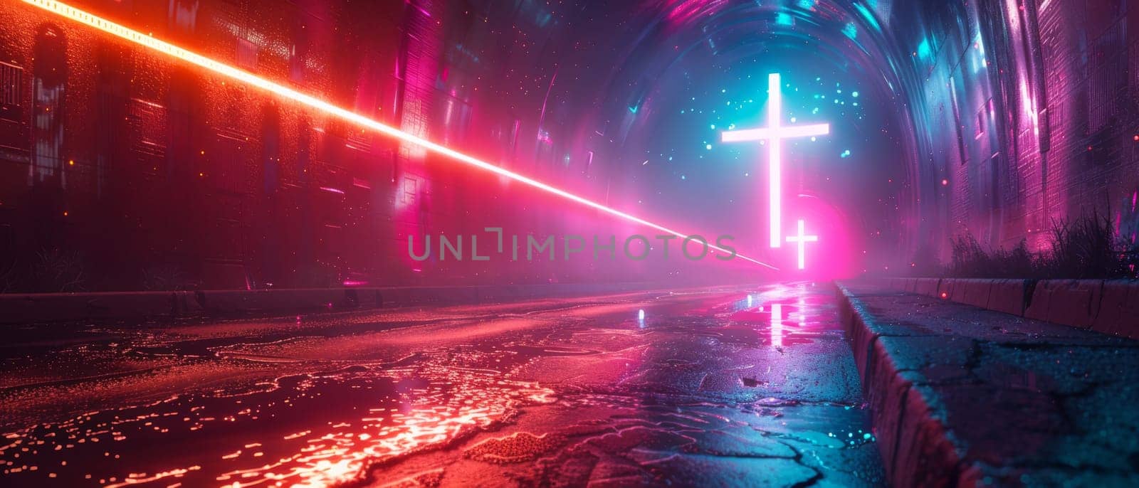 A cross is lit up in a dark room with a blue background by AI generated image.