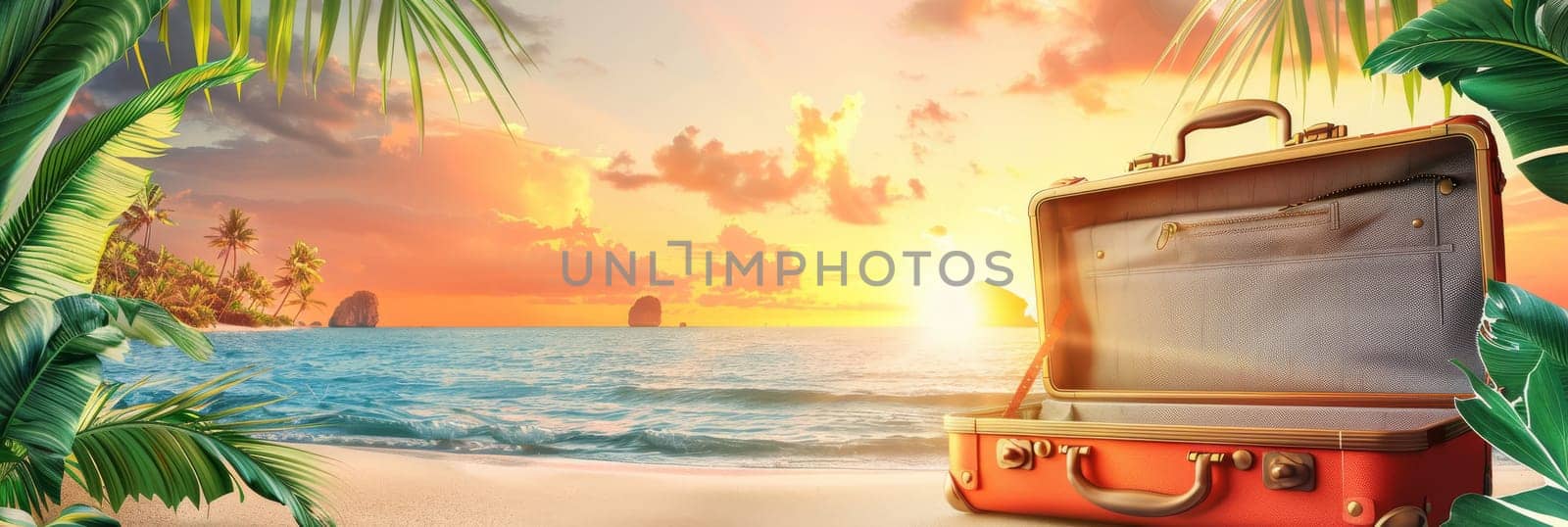 A red suitcase is on a beach with palm trees in the background by AI generated image.