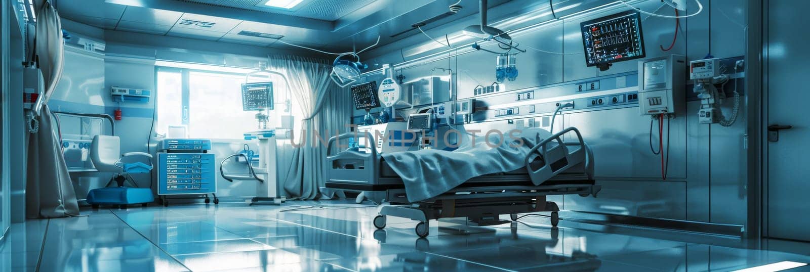 A hospital room with a bed and a monitor by AI generated image.