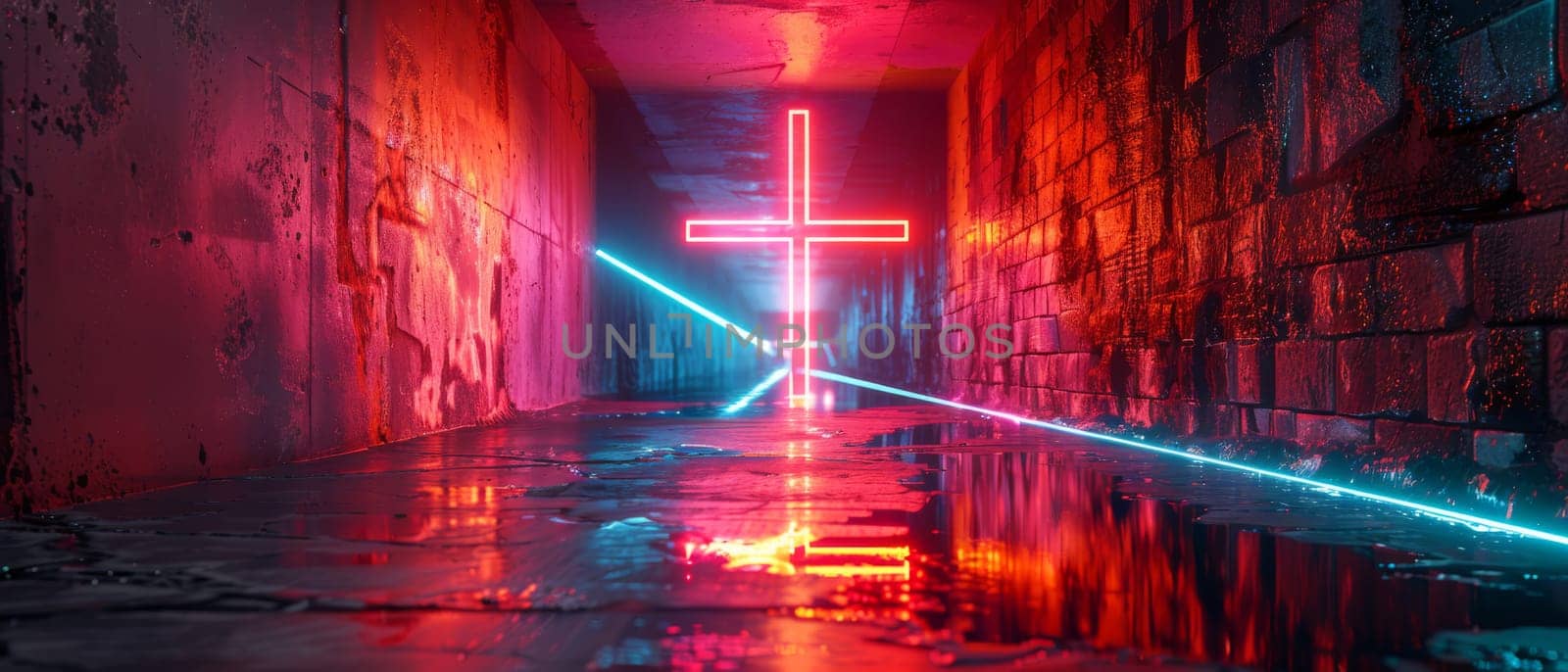 A cross is lit up in a dark room with a blue background by AI generated image.