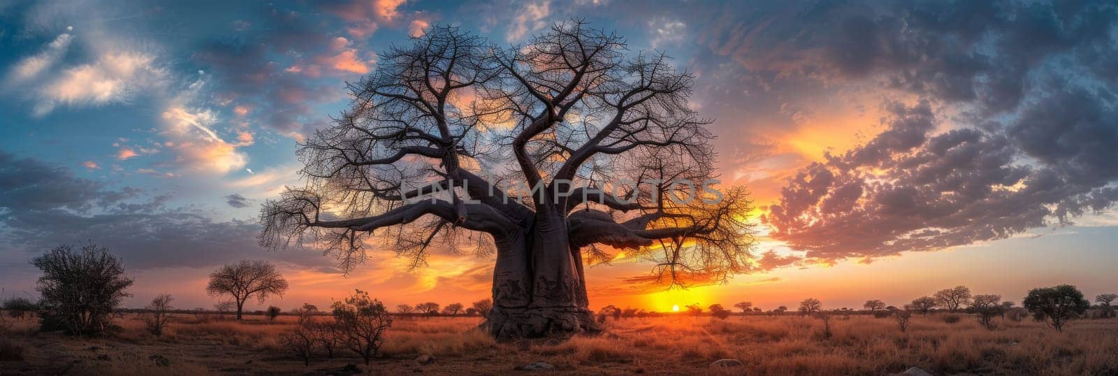 A large tree stands in a field with a beautiful sunset in the background by AI generated image.