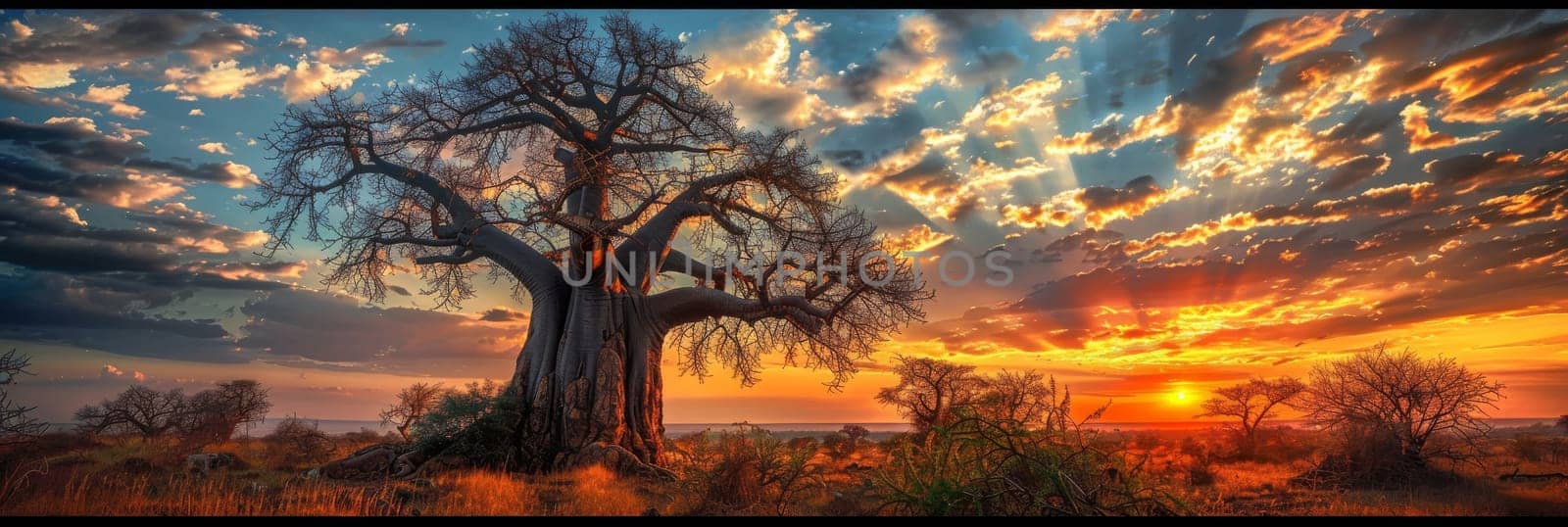 A large tree stands in a field with a beautiful sunset in the background by AI generated image by wichayada