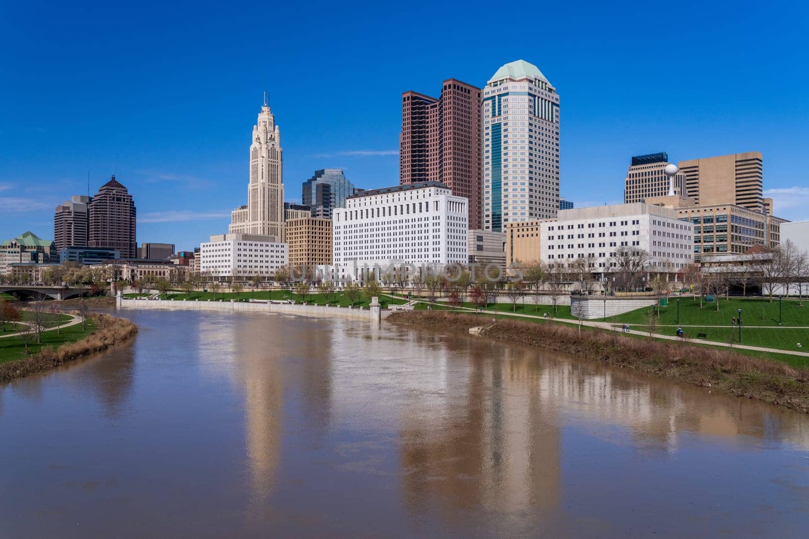 Columbus Ohio waterfront skyline after flood on river scioto by steheap