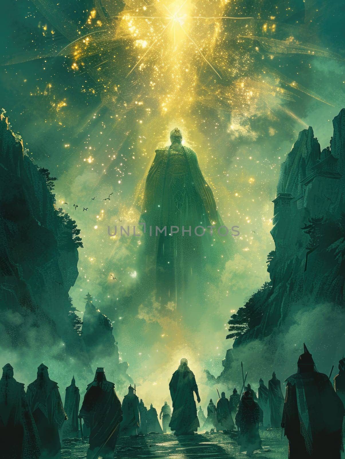 Movie poster featuring a man standing in a forest, embodying the spirit of an epic ruler of an ancient religion.