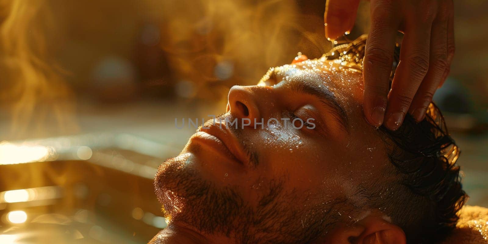 A man with face and hands visible getting his hair washed in a bath by a professional.