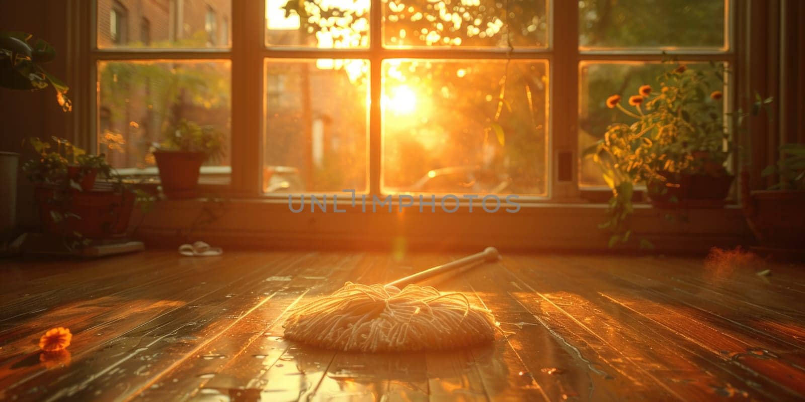 A room with a spacious window casting sunlight on a mop laying on the floor.