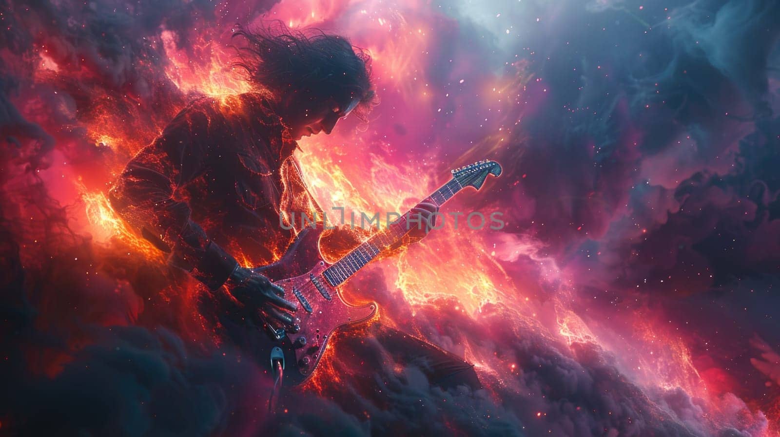 A man playing an electric guitar passionately in front of a vibrant and colorful background.