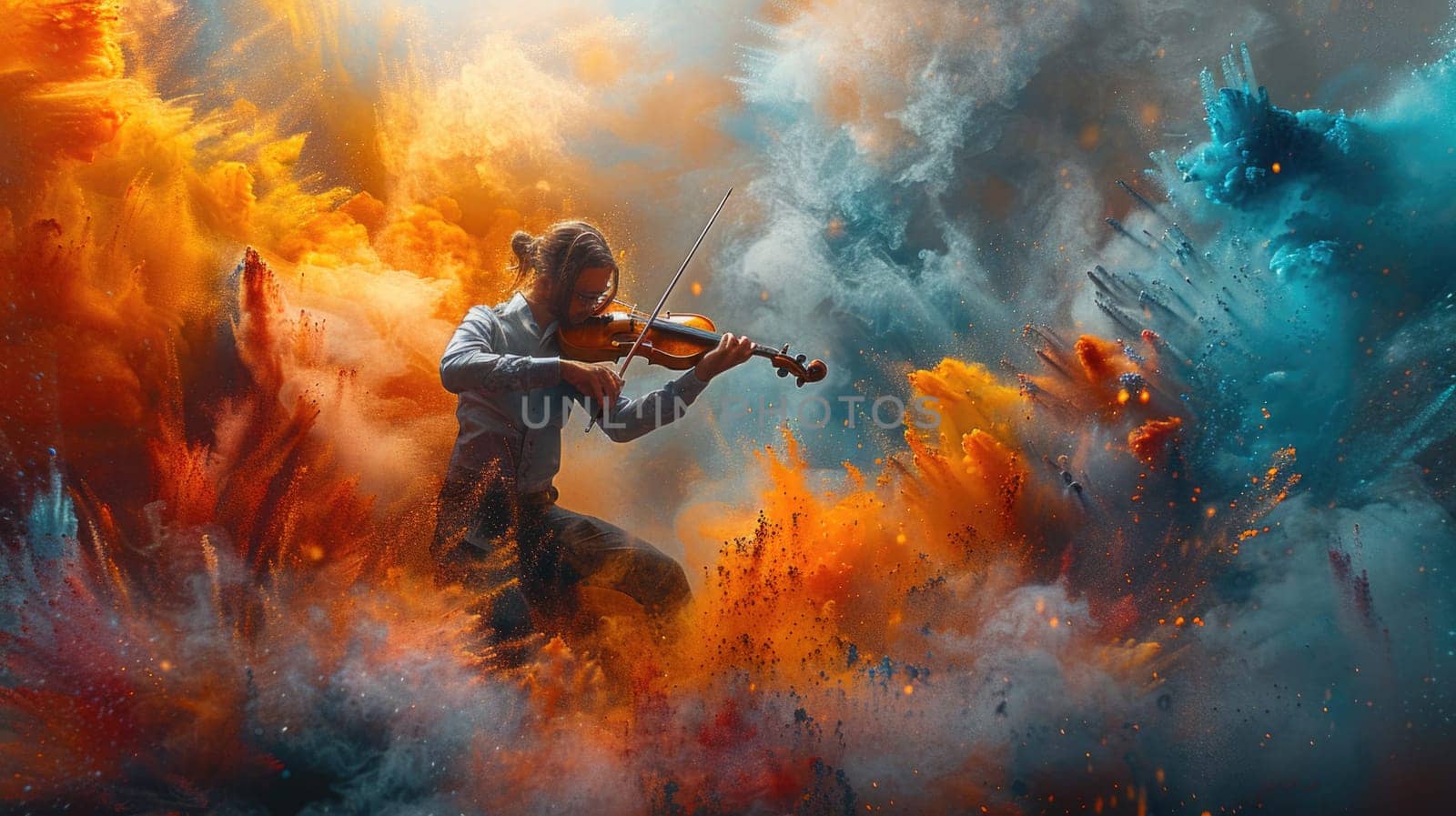A detailed depiction of a man passionately playing the violin in a dynamic painting.