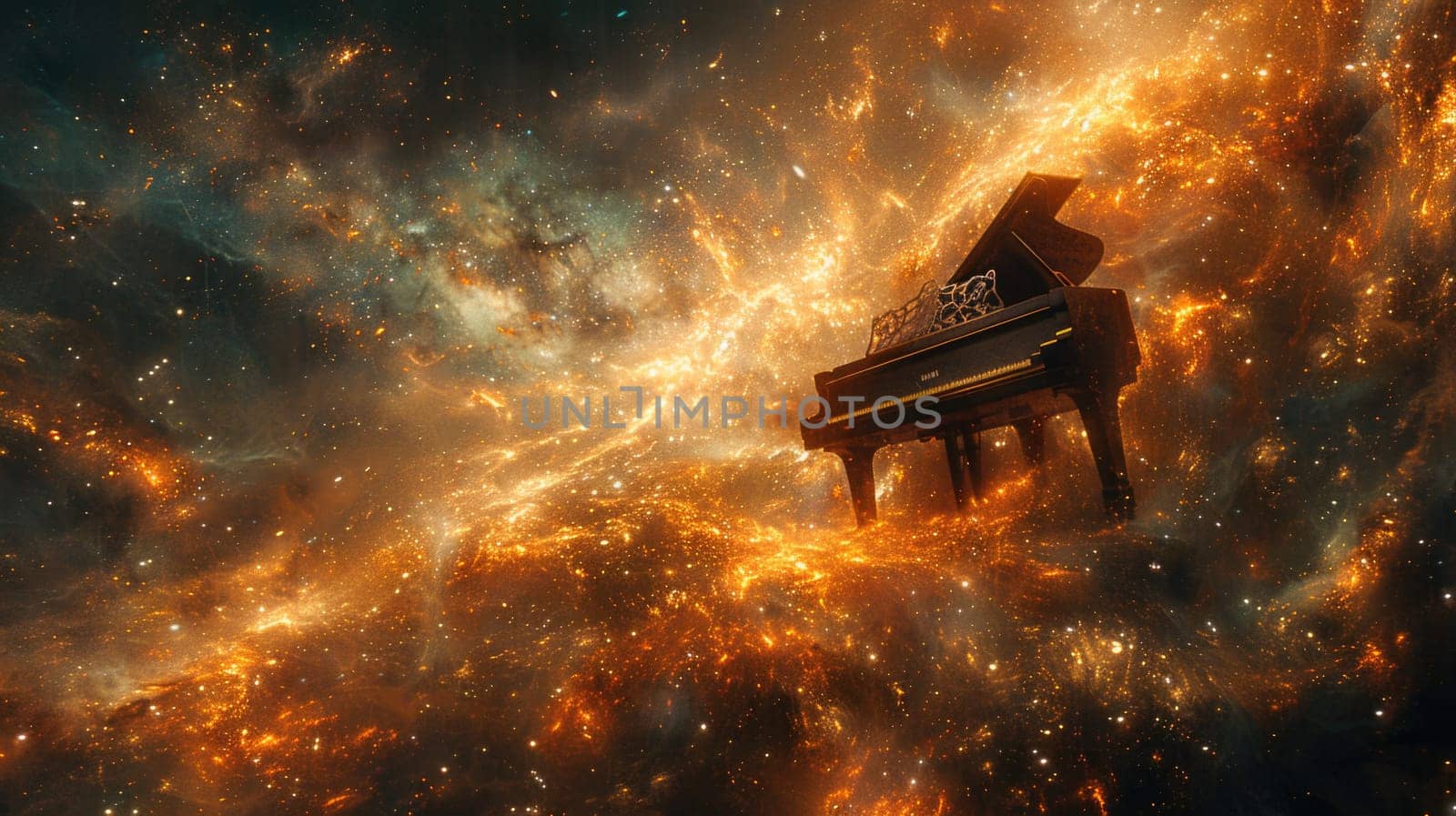 A grand piano stands in a space filled with stars, creating a unique setting for music under a starlit sky.