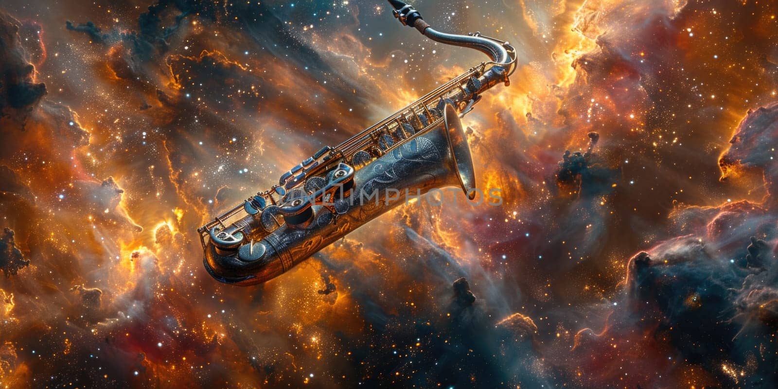 A saxophone placed in the midst of a space filled with stars, creating a unique celestial music scene.