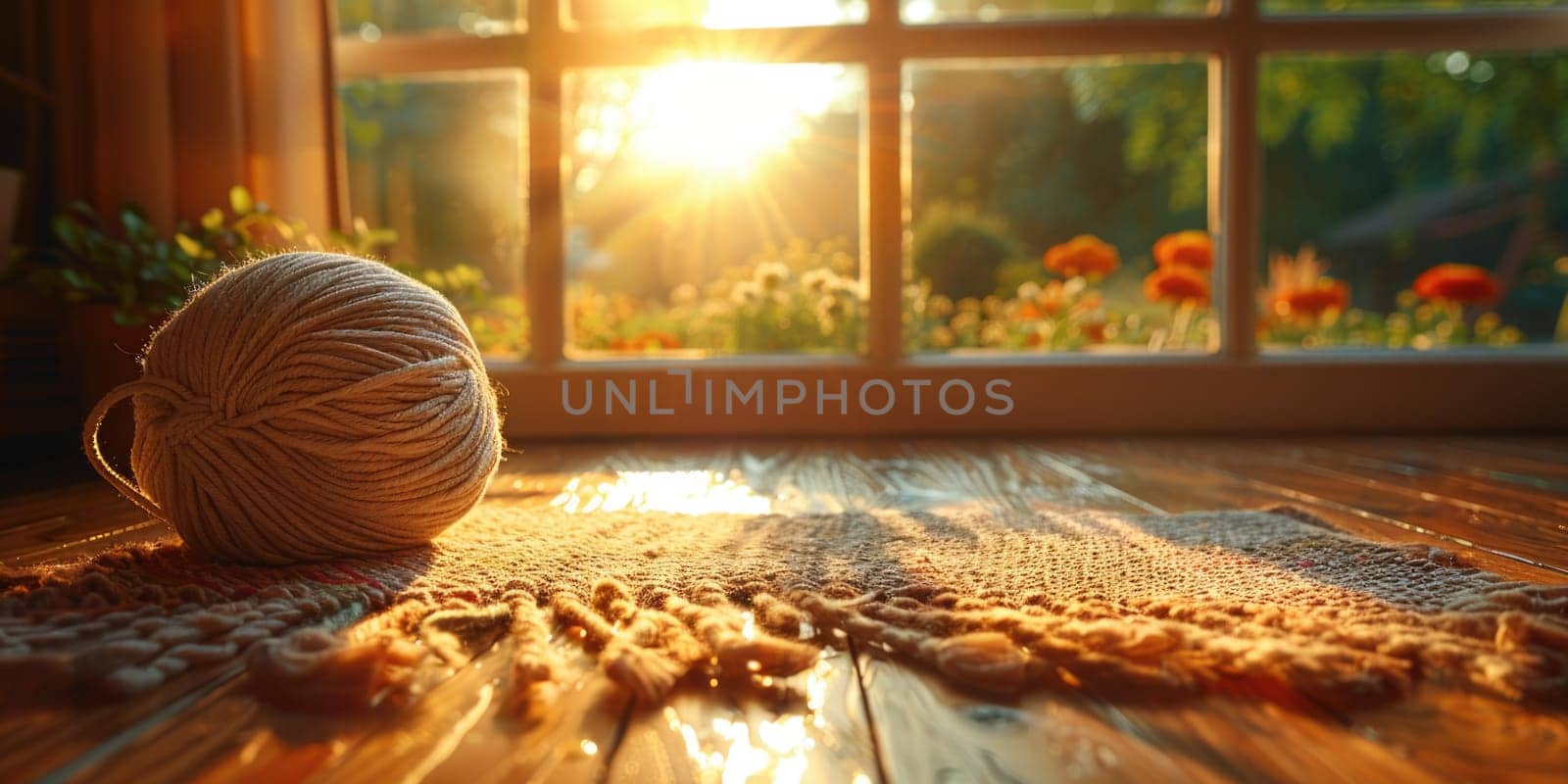 A ball of yarn sits on a wooden floor in front of a window, illuminated by sunlight.