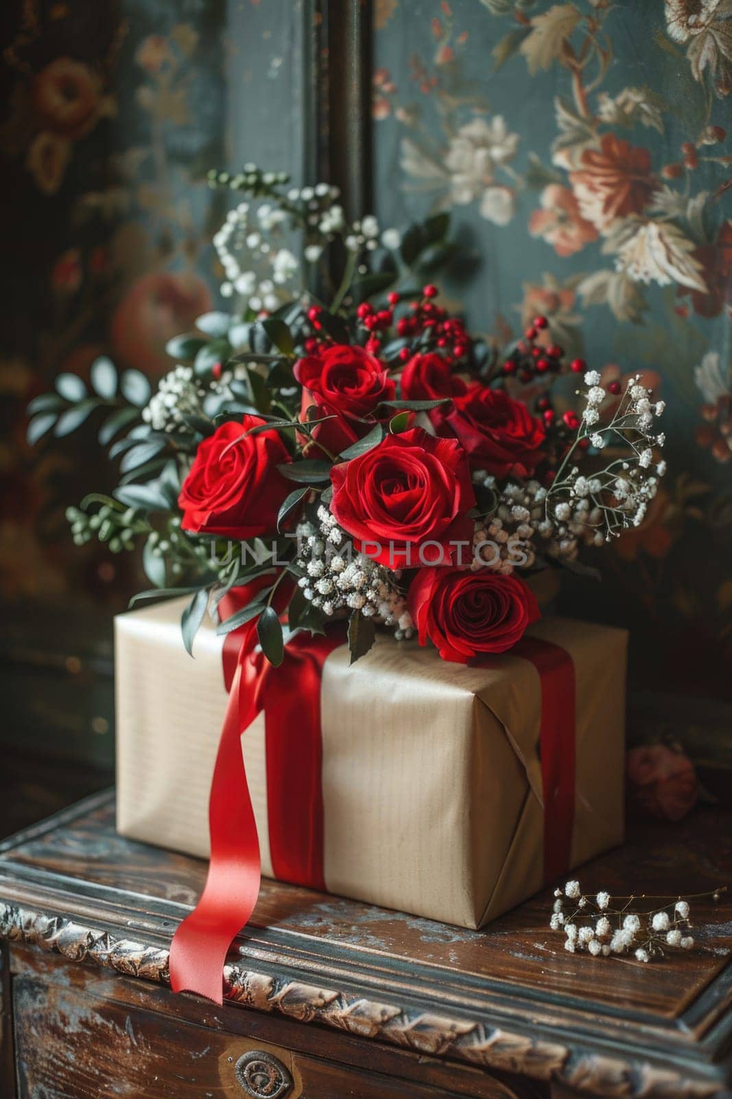 A gift box beautifully decorated with vibrant red roses and delicate babys breath flowers.