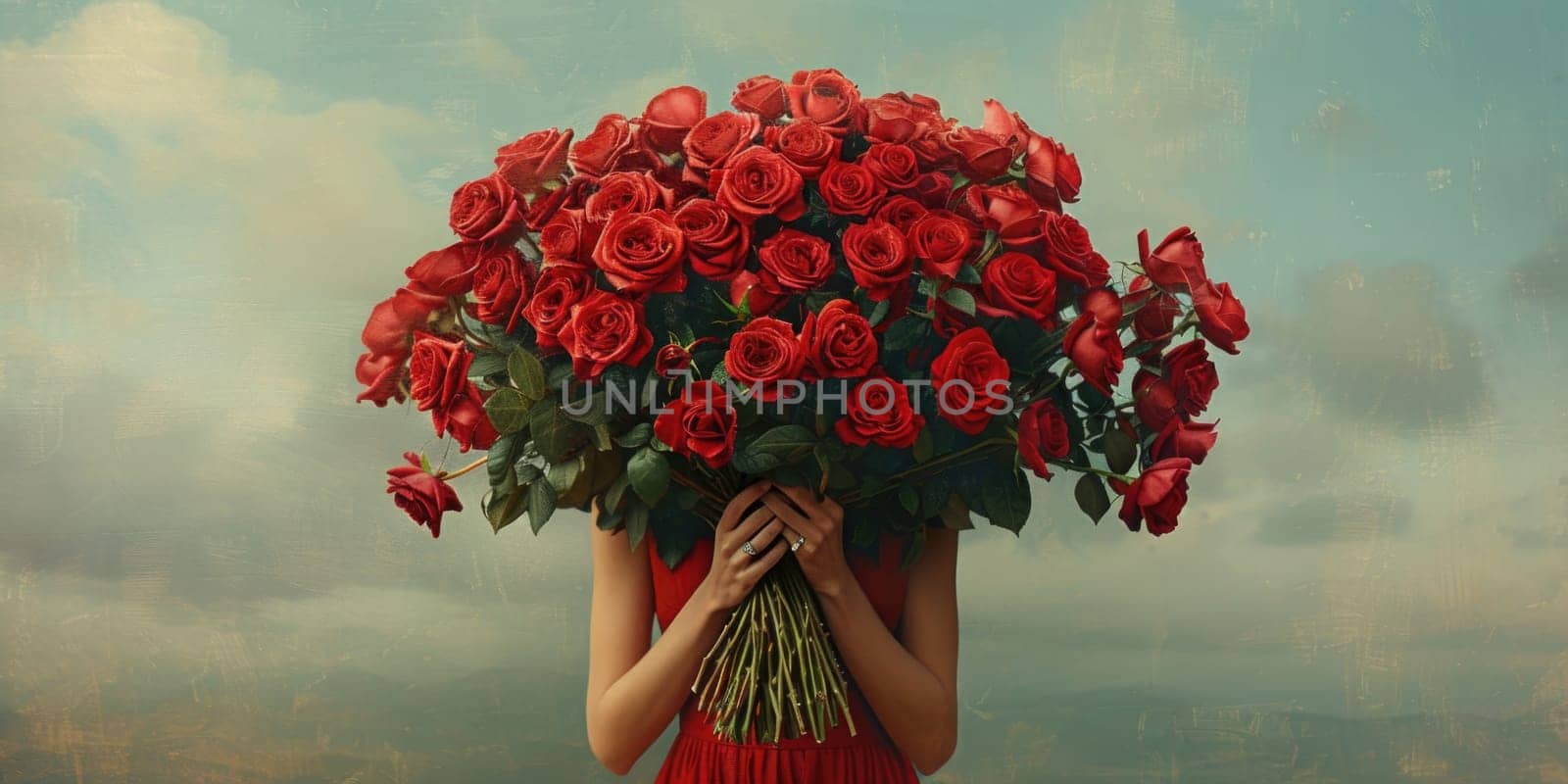 A woman dressed in red holds a bouquet of red roses.