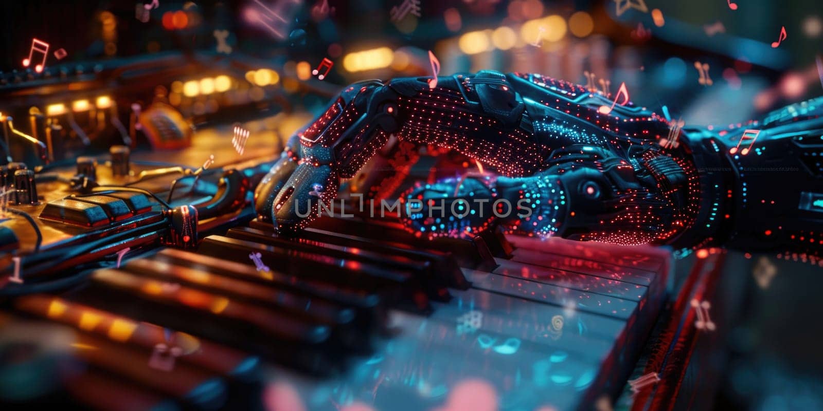 Detailed view of a keyboard with vibrant lights illuminated on the keys, showcasing a futuristic and modern design.