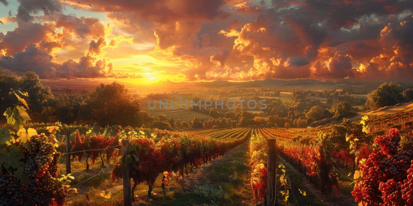 A painting depicting a vibrant sunset casting warm hues over a lush vineyard with rows of grapevines.