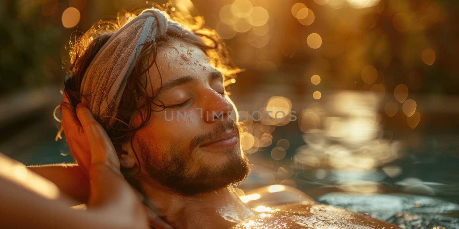 Man in Water Holding Head in Hands by but_photo