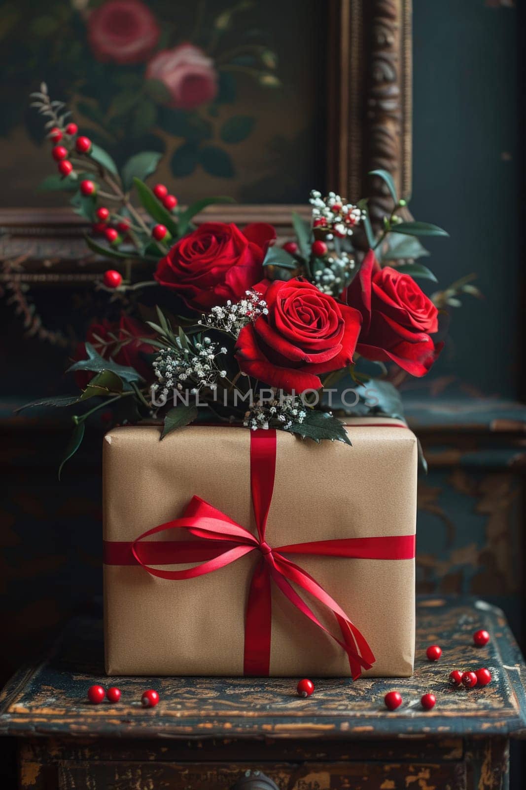 A gift elegantly wrapped in brown paper and adorned with a red ribbon.