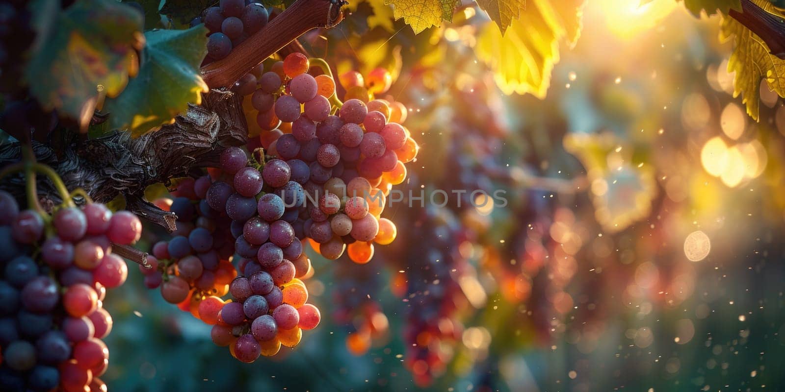 A cluster of ripe grapes hanging from a vine in close-up view, showcasing the fruit at its peak freshness.