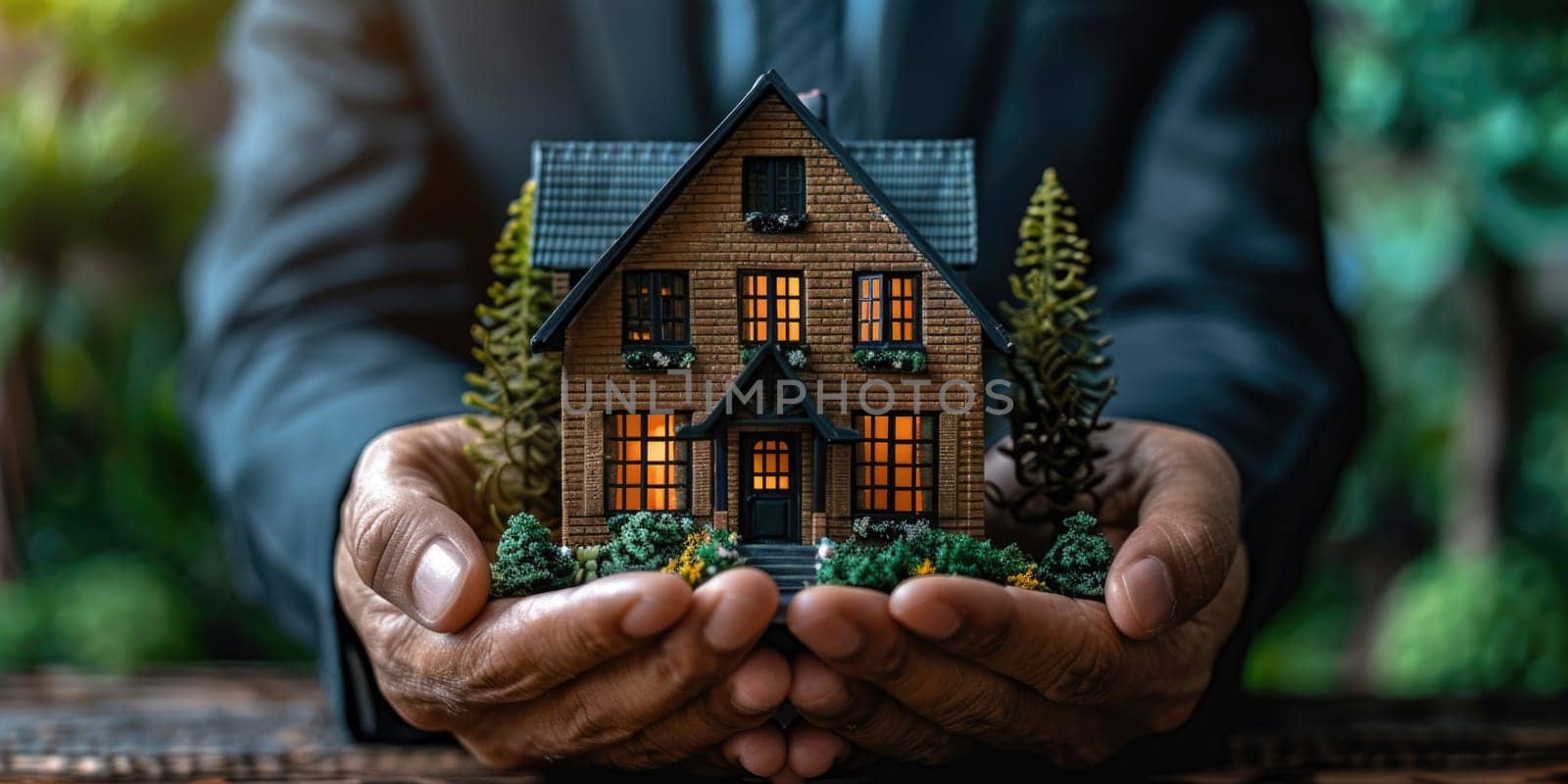 A person holding a small house in their hands, possibly a realtor showcasing a property.