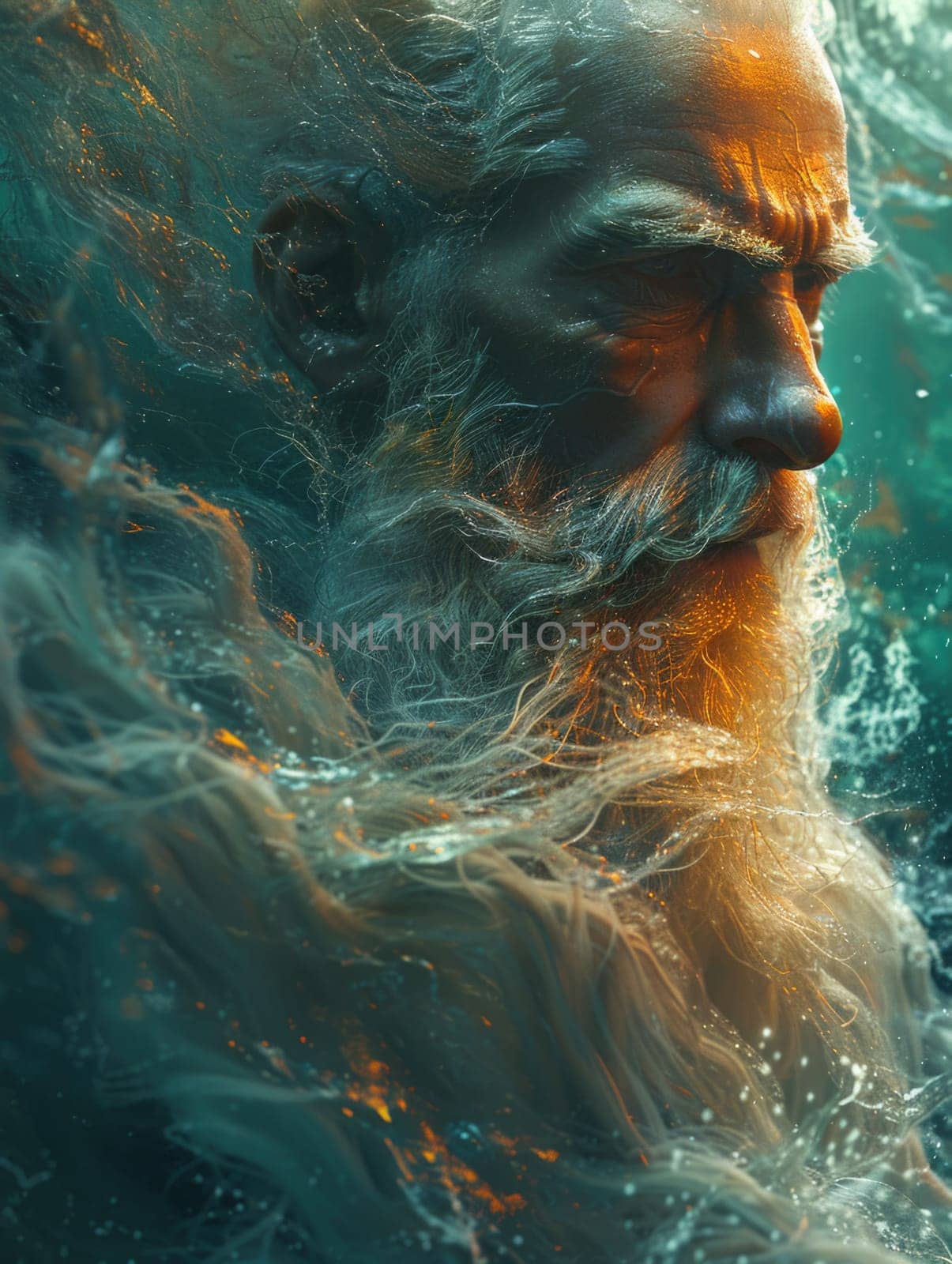 A man with a beard and long hair is standing in the water.