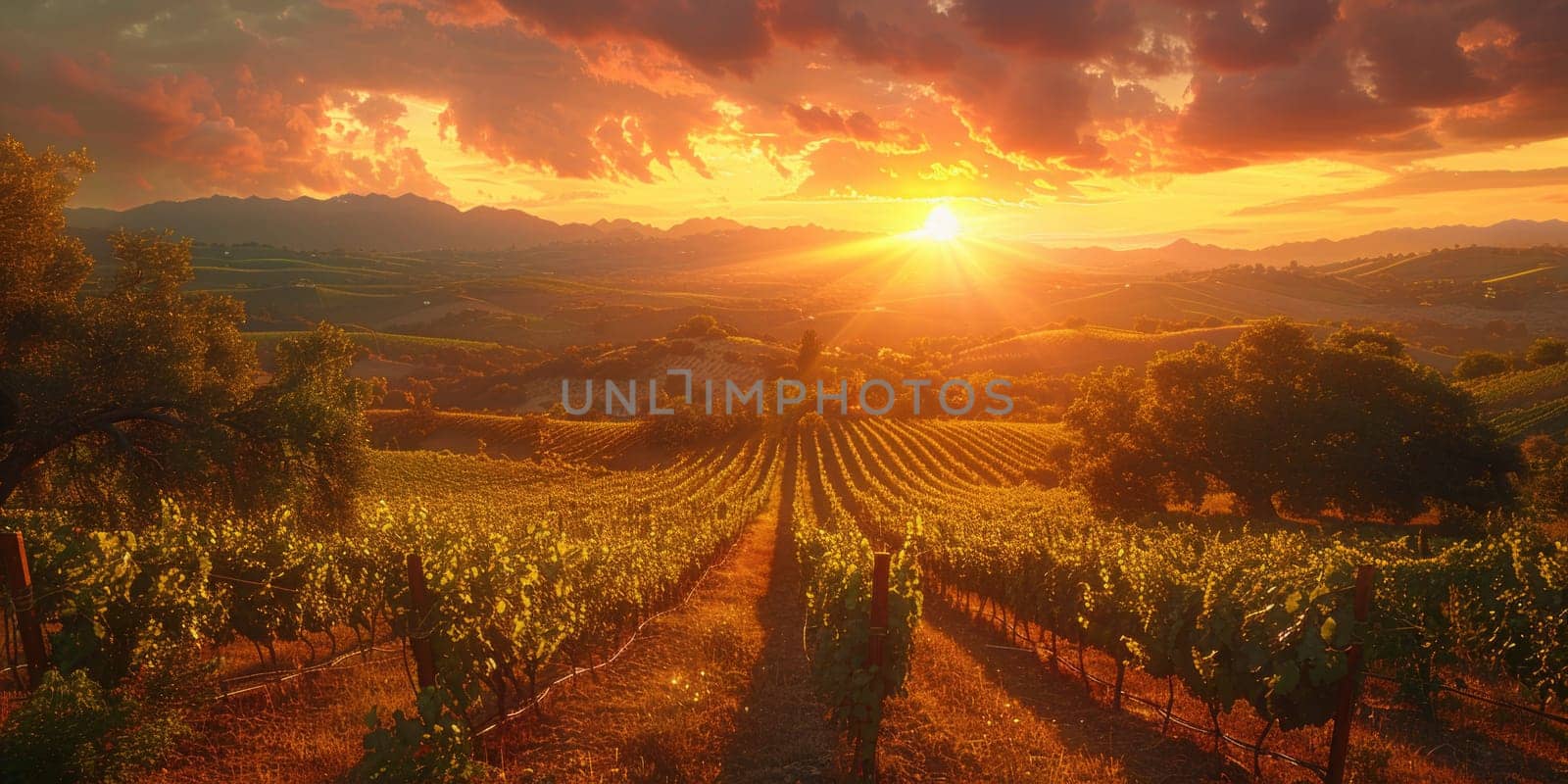 The sun is setting over a vineyard, casting a warm glow on the rows of grapevines and highlighting the beauty of the landscape.