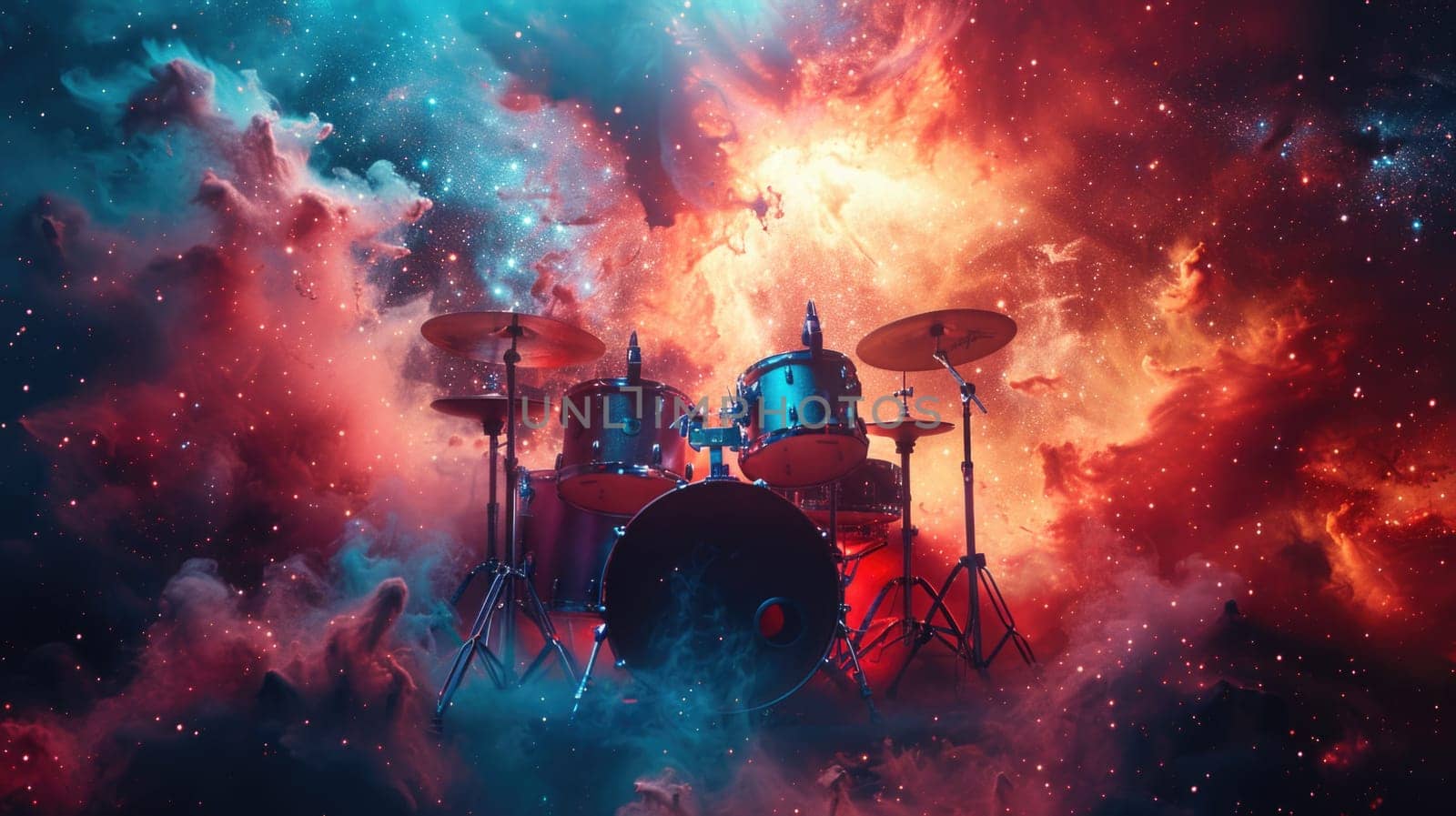 Drum kit placed in the center of a room filled with stars, creating a unique and captivating visual contrast.